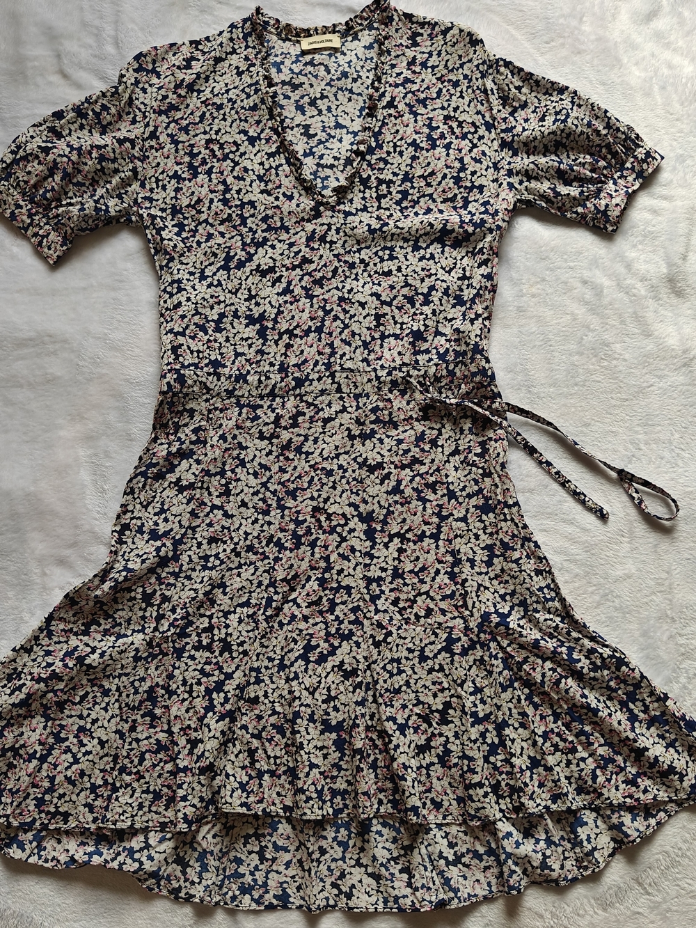 Zadig & Voltaire Remove Print Begonia Mini Dress V-Neck Ruffle Tie Blue Size S